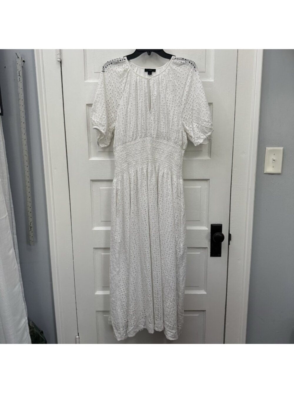 J.Crew Provence White Cotton Eyelet Smocked Waist Puff Sleeve Midi Dress L